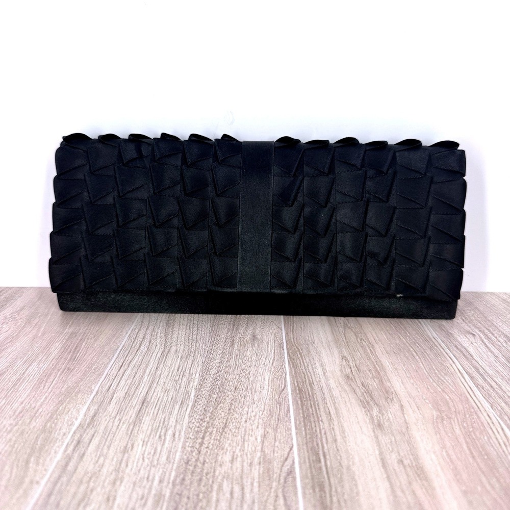 Jessica McClintock‎ Black Woven Ribbon Clutch Evening Bag Snap Closure